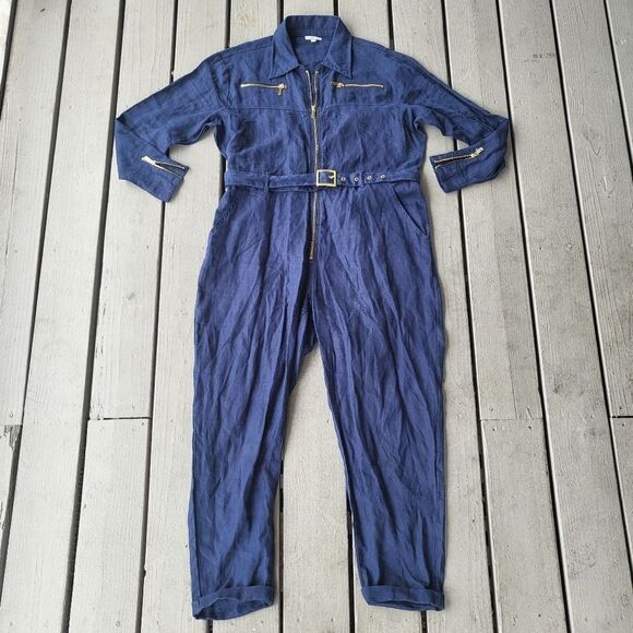 WeWoreWhat Utility Jumpsuit Linen Long Sleeve Gold Zip Collared Blue Size XL - Picture 6 of 12